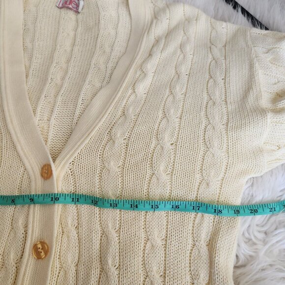 Vintage Women's L Granny Cable Knit Cardigan Sweater Yellow Cottagecore Oversize - Picture 4 of 14